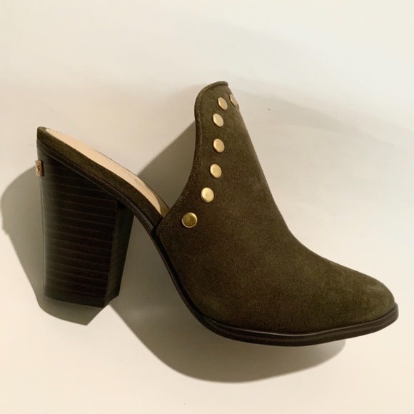 Michael Kors Louise Suede Mules Olive Studded Stacked Block Heel Slip On Clog - Picture 8 of 15